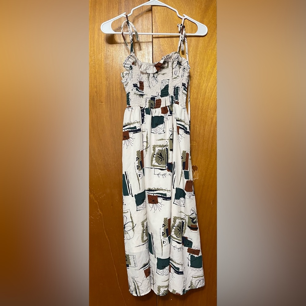 White Patterned Spaghetti Strap Midi Dress